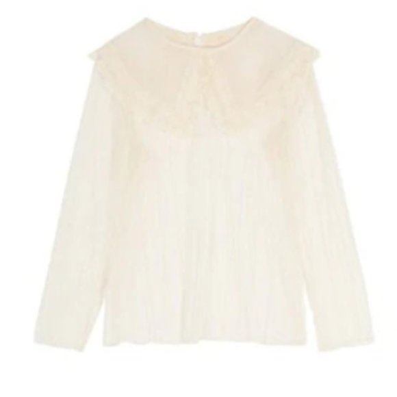 Cream Big Collar See-Through Blouse - Picture 5 of 6